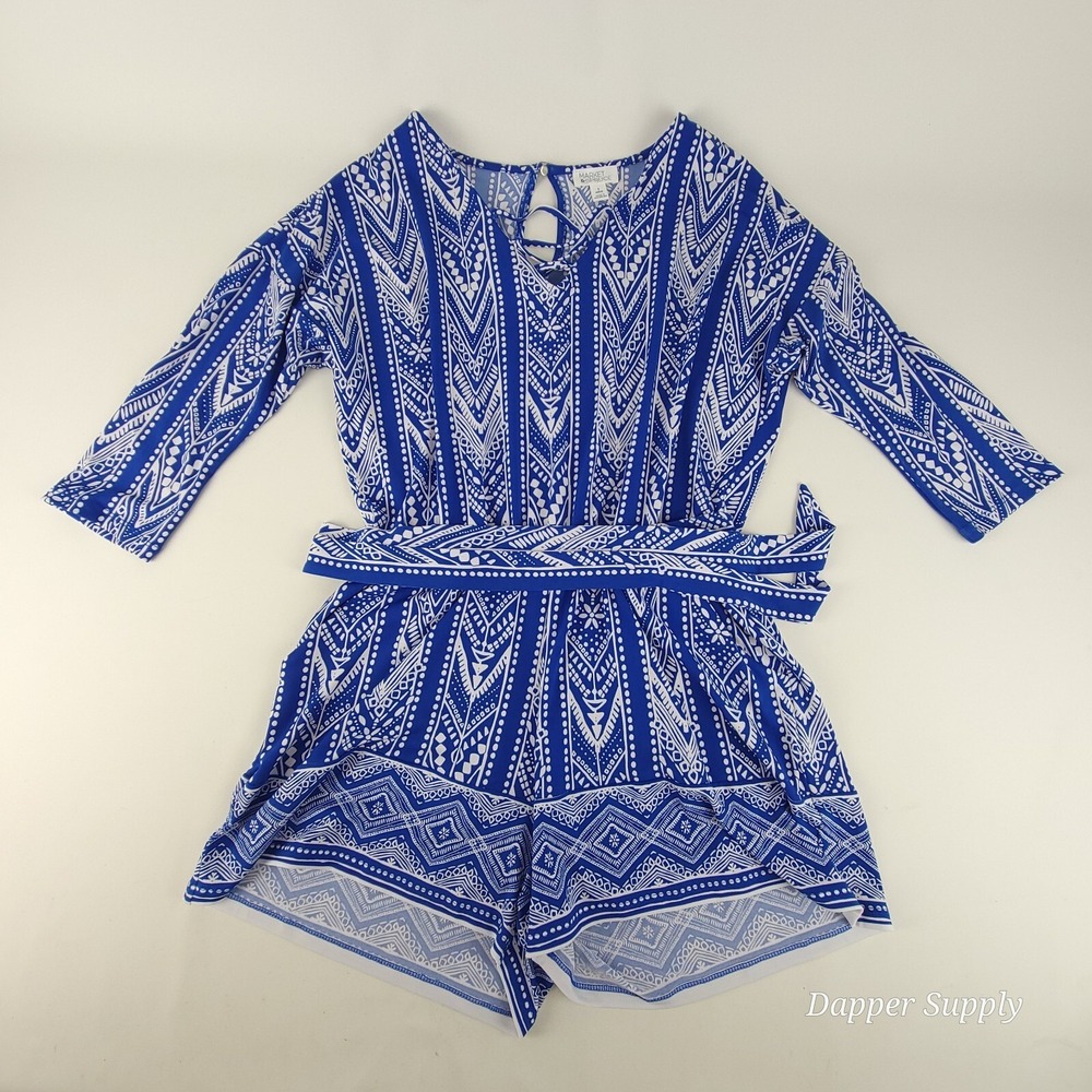 Market & Spruce‎ Blue Printed Romper Sz Small Blue White